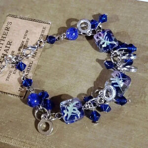 Vintage Murano Glass Beads Blue Silver Charm Bracelet